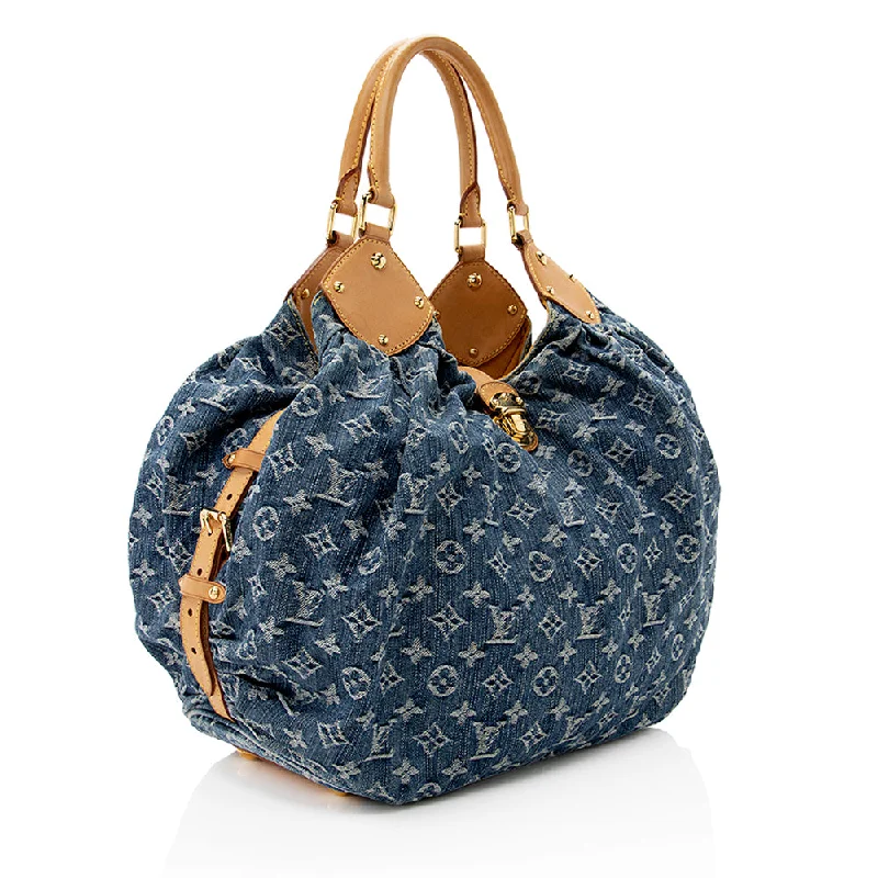 Louis Vuitton bags with a chain - link trim and a leather body for a modern edgeLouis Vuitton Limited Edition Monogram Denim XL Hobo (19918)