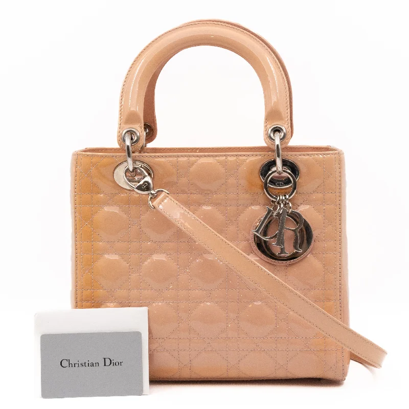 Christian Dior bags with a side - pocket for holding a water bottleLady Dior Medium Rose Beige Patent Leather