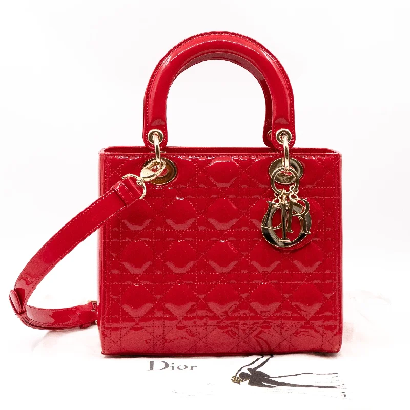 Christian Dior Saddle bags with a distressed leather finishLady Dior Medium Red Patent Leather