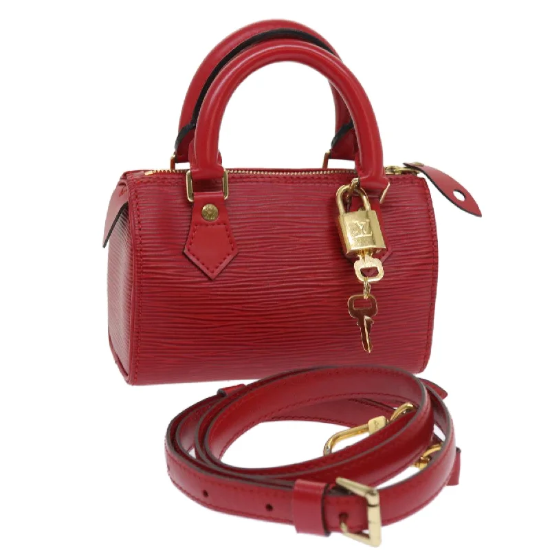 Louis Vuitton bags with a chain - link trim and a leather body for a modern edgeLOUIS VUITTON Epi Mini Speedy Hand Bag SPO 2way Red LV Auth 56797A