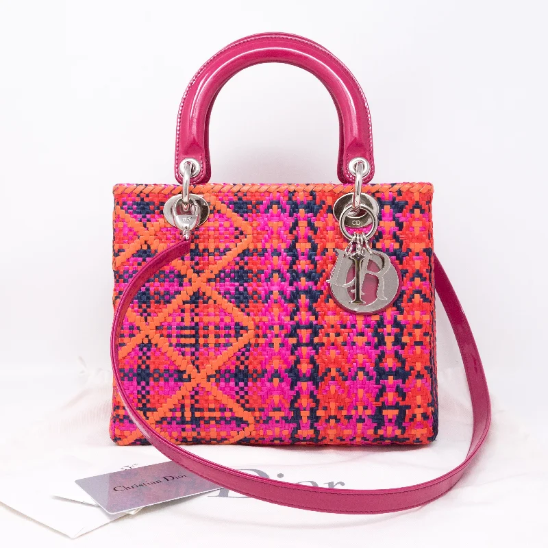 Christian Dior Saddle bags with a patent leather finish for a shiny lookLady Dior Medium Multicolor Woven Raffia