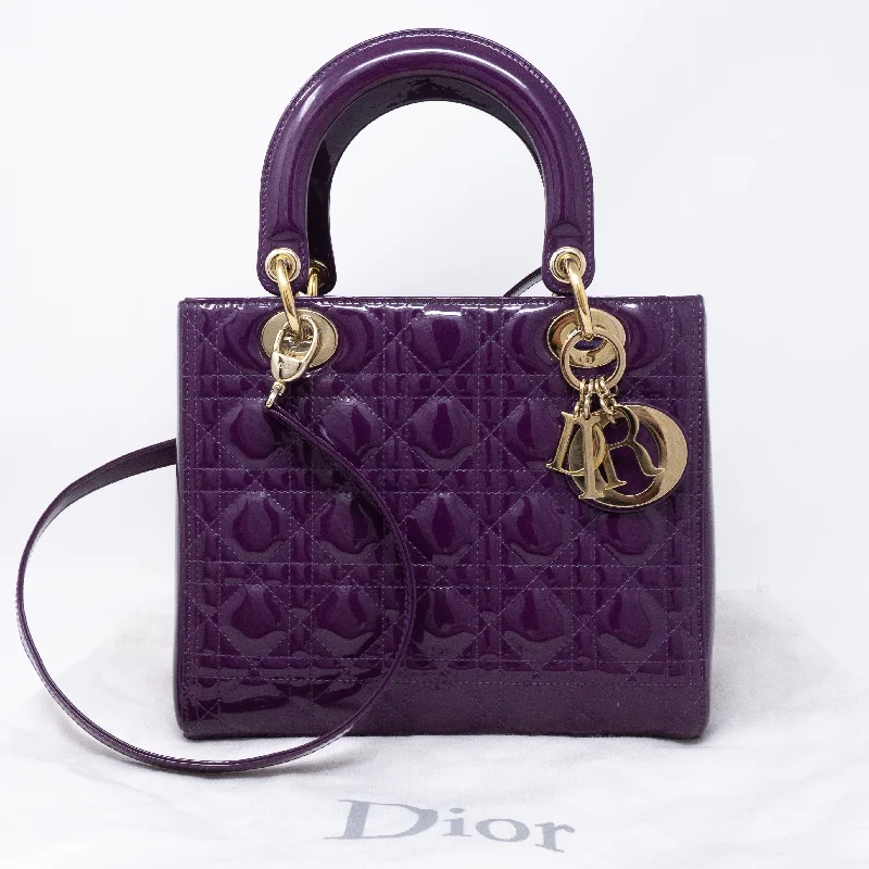 Christian Dior Saddle bags with a patent leather finish for a shiny lookLady Dior Medium Purple Patent Leather