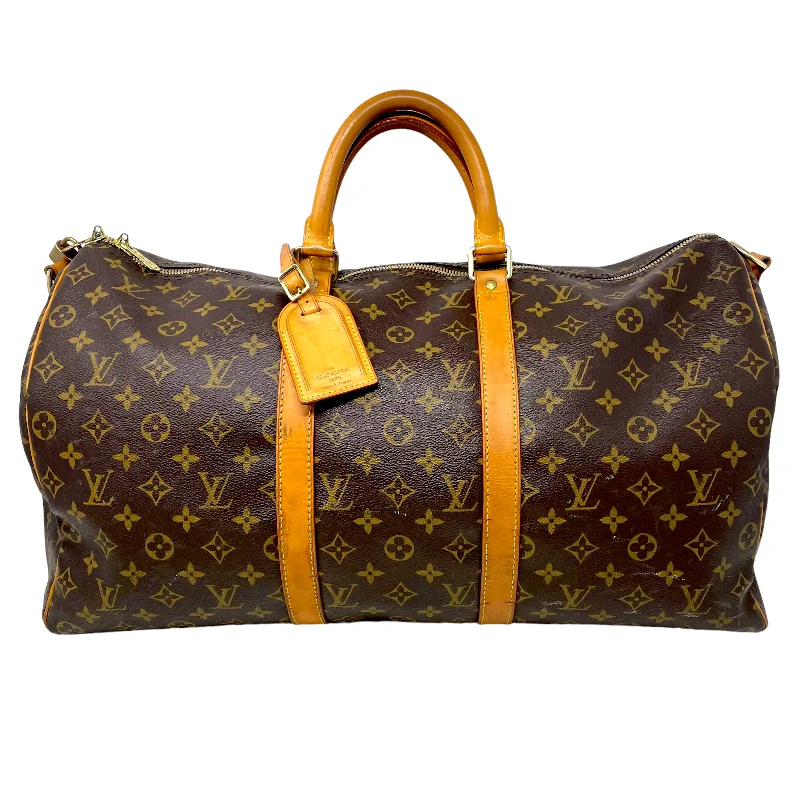 Louis Vuitton bags with a chain - link trim and a leather body for a modern edgeKeepall 50 Monogram Canvas Designer By Louis Vuitton  Size: Large