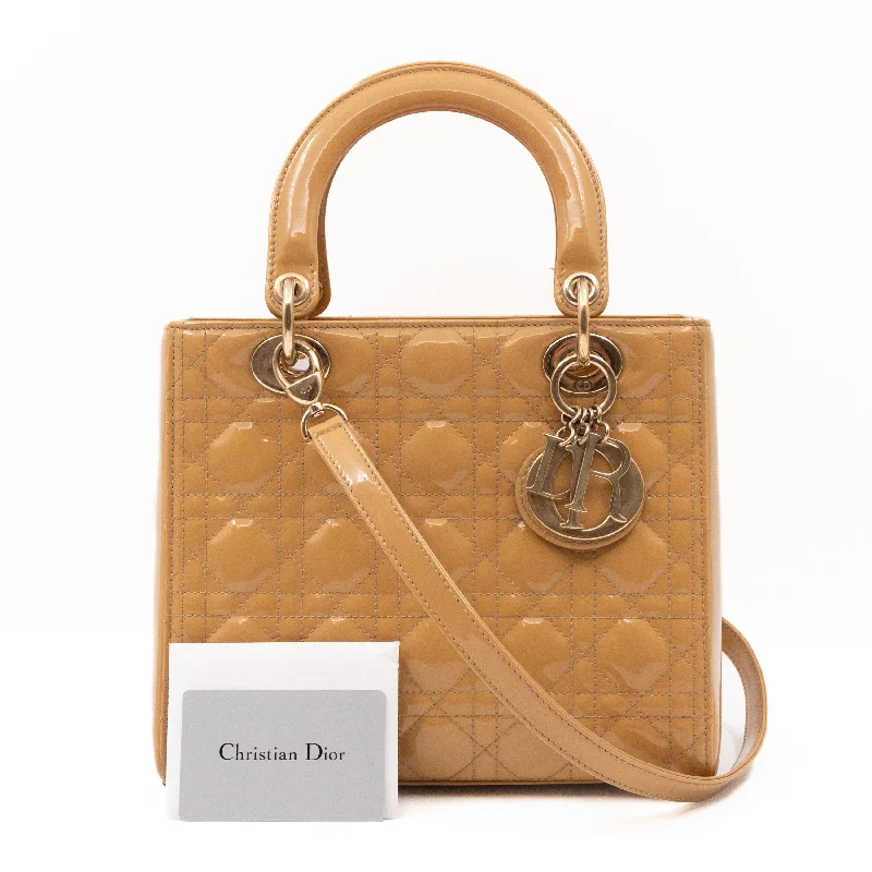 Christian Dior bags with a quilted pattern and gold - toned hardwareLady Dior Medium Mustard Patent Leather