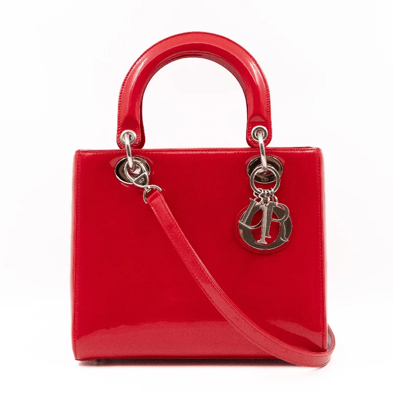 Stylish Christian Dior shoulder bags with a tassel - adorned zipperLady Dior Medium Red Smooth Patent Leather