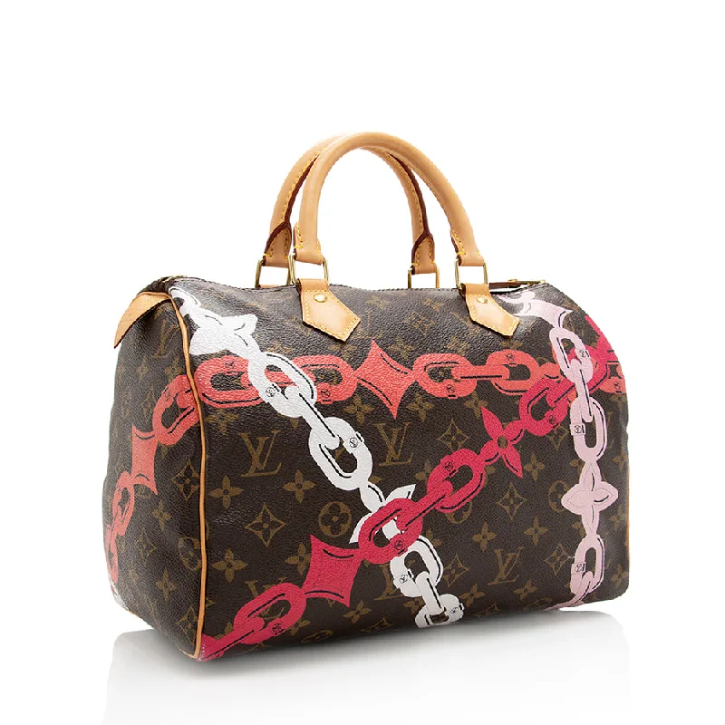 Louis Vuitton bags with a chain - link trim and a leather body for a modern edgeLouis Vuitton Limited Edition Monogram Canvas Chain Flower Speedy 30 Satchel (18397)