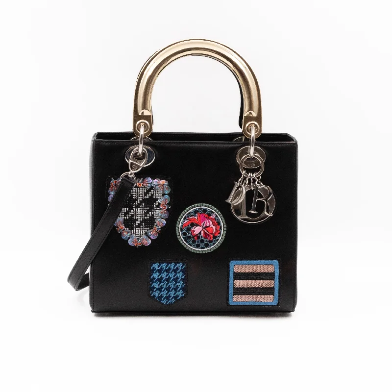 Christian Dior handbags with a back - pocket for quick storageLady Dior Medium Patches Embellished Black Leather