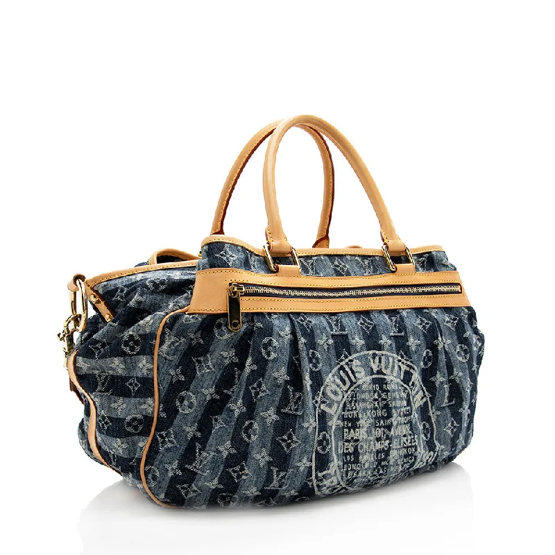 Louis Vuitton bags with a chain - link trim and a leather body for a modern edgeLouis Vuitton Limited Edition Monogram Denim Porte Epaule Raye GM Satchel (18305)