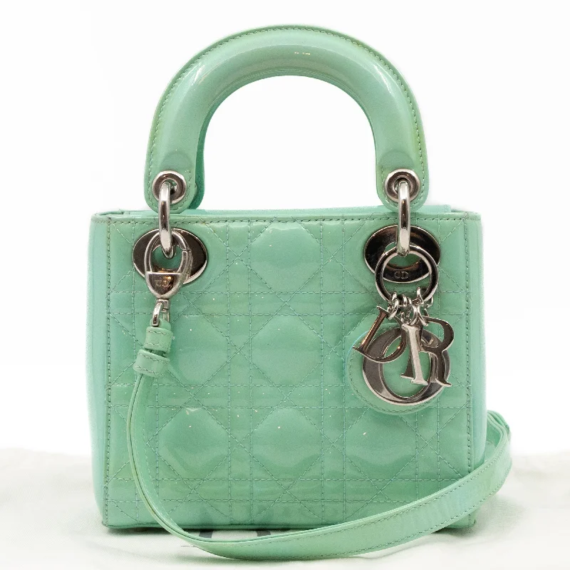 Christian Dior handbags with a detachable mirror for on - the - go touch - upsLady Dior Mini Mint Green Patent Leather